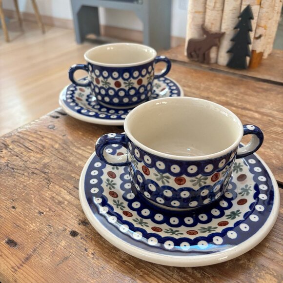 2 x Boleslawiec Polish Pottery French Onion Soup Bowls with Plates - Picture 6 of 10